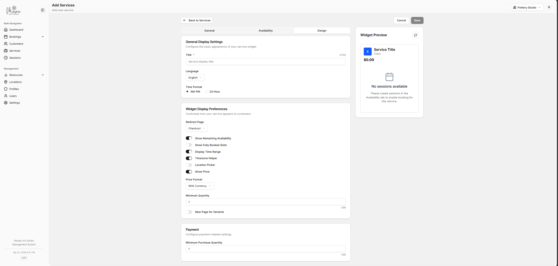 Service creation form - design tab with pricing and variants